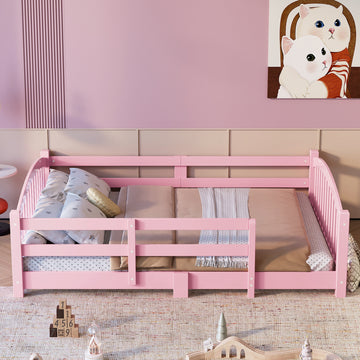 Full Montessori Floor Bed with Safety Guardrails and Solid Wood