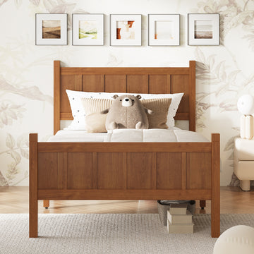 Twin Size Flat Panel Bed with Shaker Style and Light Walnut Finish