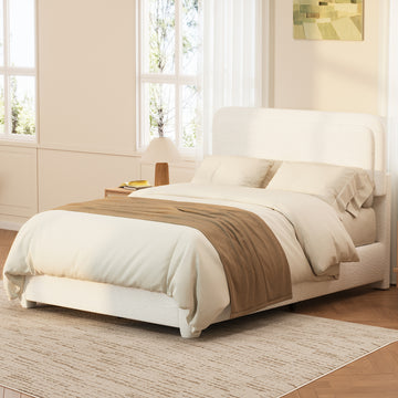 Queen Bed Frame with Adjustable Height Curved Cloud Headboard and Boucle Fabric