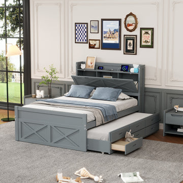 Full Size Wooden Bed with Storage Headboard Outlets Trundle and 3 Drawers