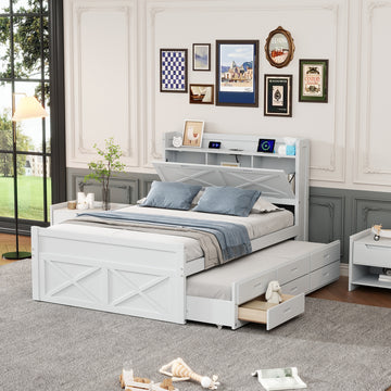 Full Size Wooden Bed with Storage Headboard Outlets Trundle and 3 Drawers