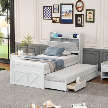 Twin Size Wooden Bed with Storage Headboard Outlets Trundle and 3 Drawers