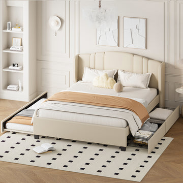 Queen Size Upholstered Platform Bed with Wingback Headboard Trundle and 2 Drawers