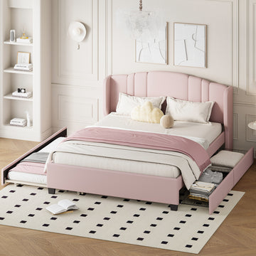 Queen Size Upholstered Platform Bed with Wingback Headboard Trundle and 2 Drawers
