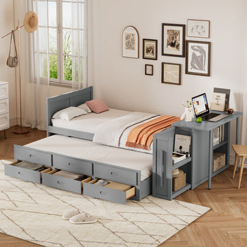 Twin Size Multifunctional Wood Platform Bed with Trundle Desk and 3 Drawers
