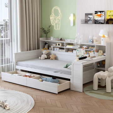 Twin Size Wooden Daybed with Storage Shelves Drawers and Study Desk