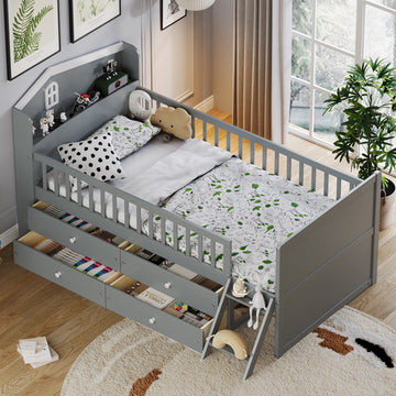 Twin Size Wooden Bed Frame with 4 Drawers Guardrail Headboard and Ladder