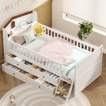 Twin Size Wooden Bed Frame with 4 Drawers Guardrail Headboard and Ladder