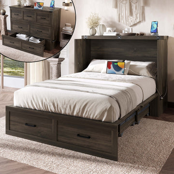 Full Size Murphy Bed Cabinet with Charging Station and Storage Drawer