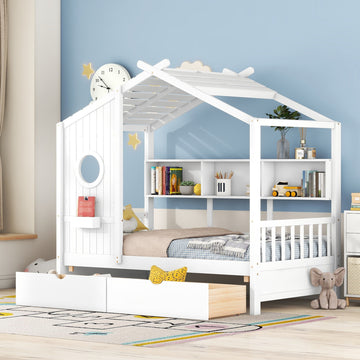 Twin Size Wooden House Bed with 2 Drawers and Storage Shelf