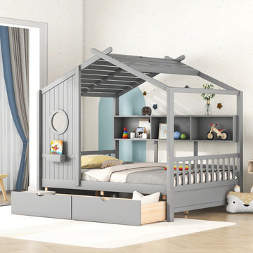 Full Size Wooden House Bed with 2 Drawers and Storage Shelf