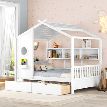 Full Size Wooden House Bed with 2 Drawers and Storage Shelf