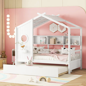 Twin Size Wooden House Bed with Trundle and Storage Shelf
