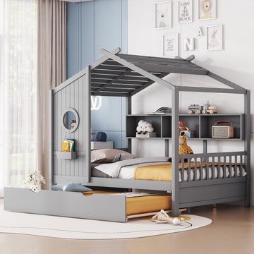Full Size Wooden House Bed with Trundle and Storage Shelf