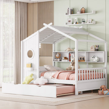 Full Size Wooden House Bed with Trundle and Storage Shelf