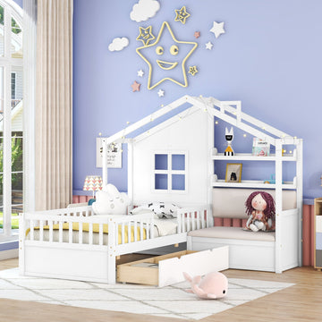 Twin Size House Bed with Sofa 2 Drawers and Storage Shelf