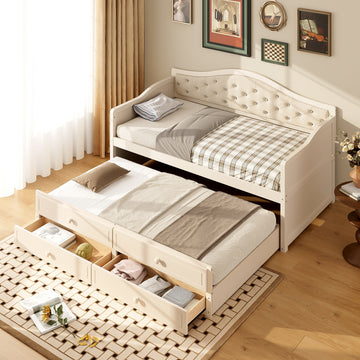 Twin Daybed with Trundle 2 Storage Drawers and Tufted Backrest