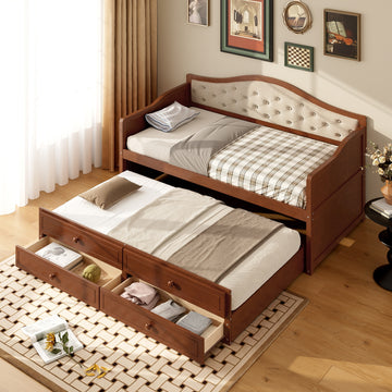 Twin Daybed with Trundle 2 Storage Drawers and Tufted Backrest