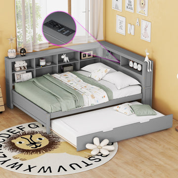 Full Size Wooden Daybed with Trundle Storage Shelf and USB Charging Ports