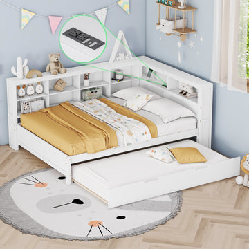 Full Size Wooden Daybed with Trundle Storage Shelf and USB Charging Ports