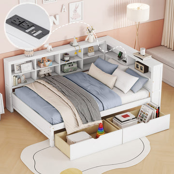 Full Size Wooden Daybed with 2 Drawers Storage Shelf and USB Charging Ports