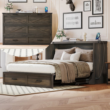 Queen Size Murphy Cabinet Bed with Charging Station and Storage Drawer