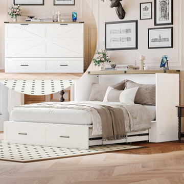 Queen Size Murphy Cabinet Bed with Charging Station and Storage Drawer