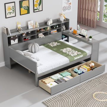 Full Size Wooden Daybed with Storage Shelves Drawers and Study Desk