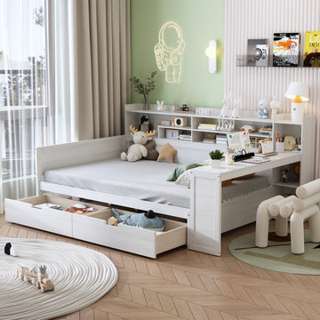 Full Size Wooden Daybed with Storage Shelves Drawers and Study Desk