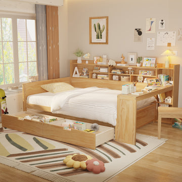 Full Size Wooden Daybed with Storage Shelves Drawers and Study Desk