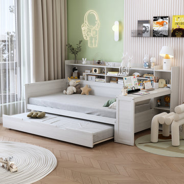 Twin Size Wooden Daybed with Trundle Storage Shelves and Study Desk