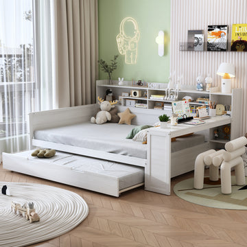 Full Size Wooden Daybed with Trundle Storage Shelves and Study Desk