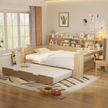 Full Size Wooden Daybed with Trundle Storage Shelves and Study Desk