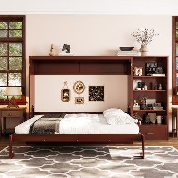 Queen Size Murphy Bed with Storage Compartments and Adjustable Shelves