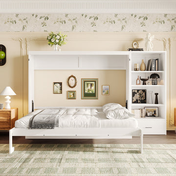 Queen Size Murphy Bed with Storage Compartments and Adjustable Shelves