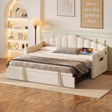 Twin Size Upholstered Daybed with Pop Up Trundle USB Charging and Side Pockets