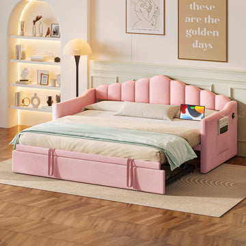 Twin Size Upholstered Daybed with Pop Up Trundle USB Charging and Side Pockets