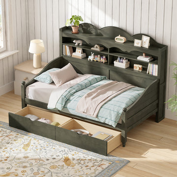 Twin Size Retro Daybed with 2 Storage Drawers and Storage Headboard Shelving