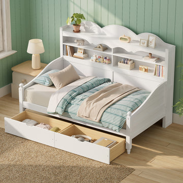Twin Size Retro Daybed with 2 Storage Drawers and Storage Headboard Shelving