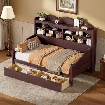 Twin Size Retro Daybed with 2 Storage Drawers and Storage Headboard Shelving