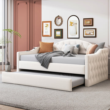 Twin Size Tufted Upholstered Daybed with Trundle and USB Charging Ports