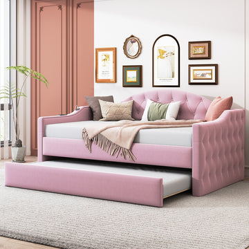 Twin Size Tufted Upholstered Daybed with Trundle and USB Charging Ports