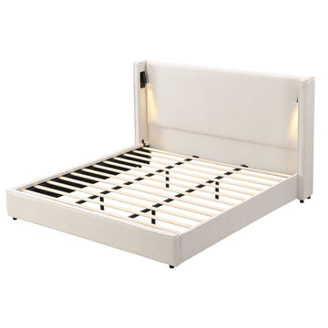 King Upholstered Bed Frame with Wingback Headboard, Reading Lamp, and USB Port – Beige