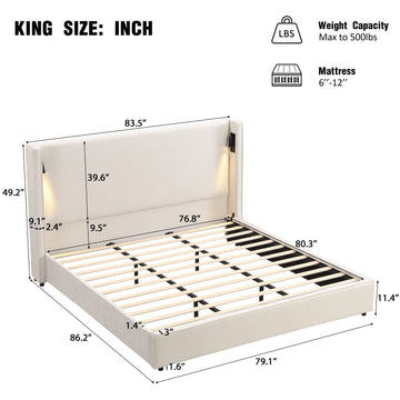 King Upholstered Bed Frame with Wingback Headboard, Reading Lamp, and USB Port – Beige