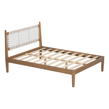 Queen Bed with Woven White Leather Headboard, Natural Solid Wood Frame, No Box Spring Needed