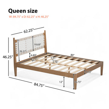 Queen Bed with Woven White Leather Headboard, Natural Solid Wood Frame, No Box Spring Needed