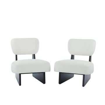 Set of 2 Modern Beige Lounge Chairs with Polyester Upholstery Minimalist Accent Chairs with Black Wood Base for Living Room Bedroom Office