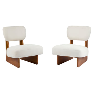 Set of 2 Modern Beige Lounge Chairs with Polyester Upholstery Minimalist Accent Chairs with Natural Wood Base for Living Room Bedroom Office