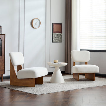 Set of 2 Modern Beige Lounge Chairs with Polyester Upholstery Minimalist Accent Chairs with Natural Wood Base for Living Room Bedroom Office