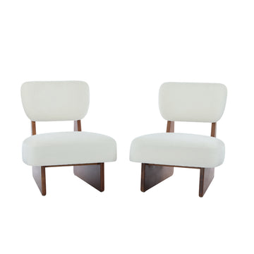 Set of 2 Modern Beige Lounge Chairs with Polyester Upholstery Minimalist Accent Chairs with Walnut Wood Base for Living Room Bedroom Office